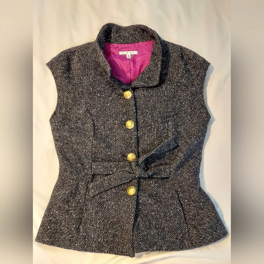 CAbi Tie Front Wool Blend Lined Tweed Vest With Gold Butons - Black/Pink - Picture 10 of 10